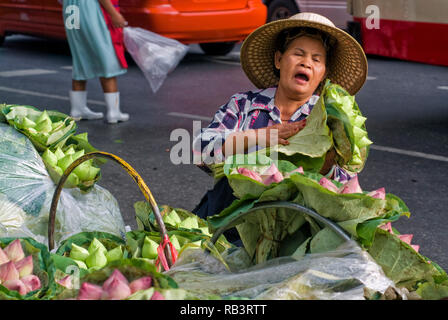 Lotus Verkäufer auf dem Bürgersteig der Pak Khlong Talat Flower Market in Bangkok Thailand Stockfoto