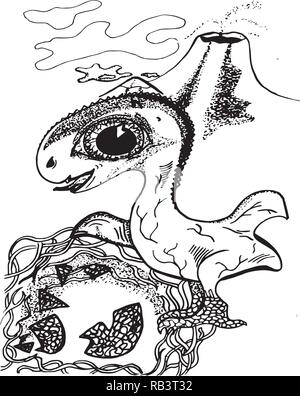 Abbildung eines neugeborenen Drachen mit dem Vulkan im Hintergrund. Stock Vektor