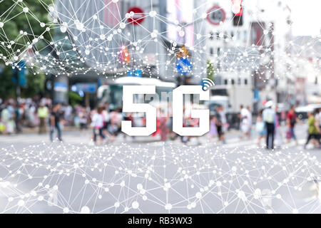 5G-Netzwerk drahtlose Systeme und Internet der Dinge (Iot), Digitale smart City- und Kommunikationsnetzwerk. Sehr schnelles Verbinden globale drahtlose Geräte. Ato Stockfoto