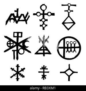 Reihe von Icons und Symbole Buchstaben inspiriert zum Thema Magie und Witch Craft okkulte Alchemie, Mystik, Esoterik Religion und Mason, isoliert. Tattoos Stock Vektor