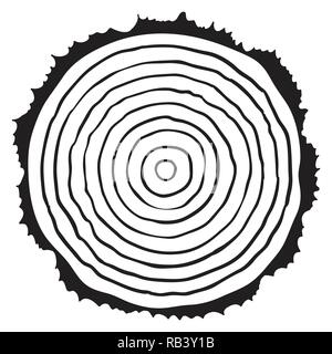 Vector schwarz und weißen Holzmöbeln Schnitt von einem Baum mit konzentrischen Ringen und Rinde anmelden Stock Vektor