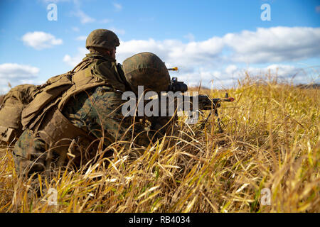 Us-Marines mit 2.Bataillon, 23 Marine Regiment, derzeit um die 3. Marine Division zugeordnet, der Feind unterdrücken durch Feuer während der Übung Wald Licht 19.1, in Hijyudai Manöver, Japan, am 15. Dezember, 2018. Dies ist das erste Mal in 13 Jahren, dass die Reserve Einheit 2/23 aktiv ist und zu den indopazifischen Region bereitgestellt. Sie werden mehrere bilaterale Übungen in verschiedenen Ländern durchführen, um die Bekämpfung der Bereitschaft zu verbessern und die internationalen Beziehungen zu stärken. (U.S. Marine Corps Foto von Lance Cpl. Christine Phelps) Stockfoto