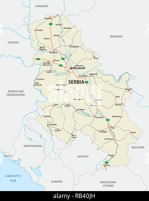 Detaillierte Serbien Straße Vektorkarte mit Beschriftung Stock Vektor