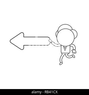 Vector Illustration Konzept der Geschäftsmann Charakter und Pfeil nach links gedrückt halten. Schwarzer outline. Stock Vektor