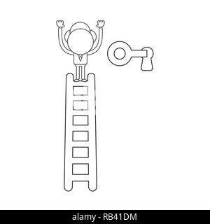 Vector Illustration Konzept der Geschäftsmann Charakter auf Leiter und entsperren Schlüsselloch. Schwarzer outline. Stock Vektor