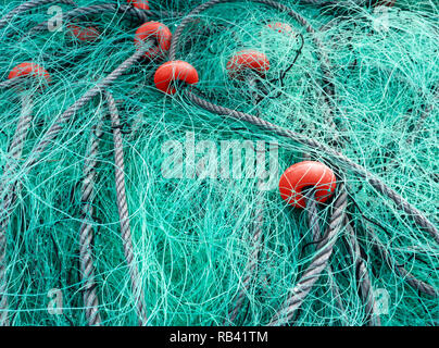 Teal Fischernetz und Coral Schaum schwimmt. Beste Komplementärfarbe für Korallen. Farbe des Jahres 2019. Stockfoto