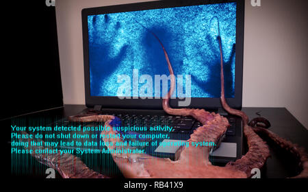 Computer virus Konzept. Laptop mit Mann innerhalb von ekelhaft Monster mit langen, klebrigen Tentakeln beschlagnahmt. Gefahr von Datenverlust. Stockfoto