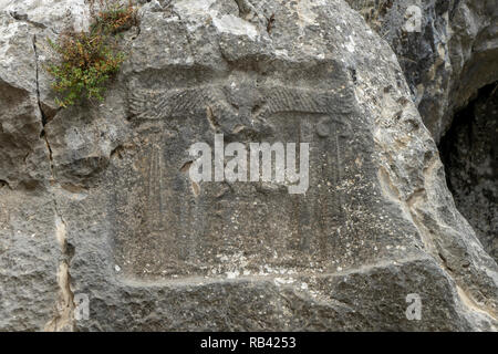 Hittie rock Relief in Hattusa. Hattusa, der 1986 von der UNESCO zum Weltkulturerbe aufgenommen wurde. Corum, Türkei. Stockfoto