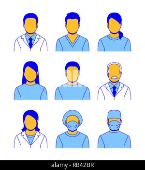 Das medizinische Personal Vektor flache Linie Avatare. Spezialisten in den Krankenhäusern Symbole. Ärzte, Krankenschwestern, Assistenten, Patienten, Chirurg, Professor. Verschiedene health care m Stock Vektor