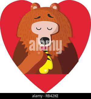 Cute cartoon bear Vector Illustration Charakter essen Honig Innen rotes Herz auf weißem Hintergrund. In der Liebe. Valentines Tag festliche postcar Stock Vektor