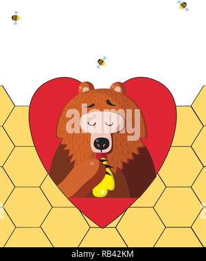 Cute cartoon Vector Illustration von bear Charakter Honig essen von Paw innerhalb der roten Herzen und Bienen auf wabe Hintergrund mit kopieren. Stock Vektor