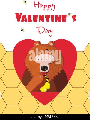 Happy Valentines Tag Grußkarte von cute Cartoon bear Vector Illustration Charakter essen Honig innerhalb der roten Herzen und Bienen auf Wabe ba Stock Vektor