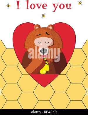 Ich liebe Dich happy valentines Tag Grußkarte von cute Cartoon bear Vector Illustration Charakter essen Honig innerhalb der roten Herzen und Bienen um auf h Stock Vektor