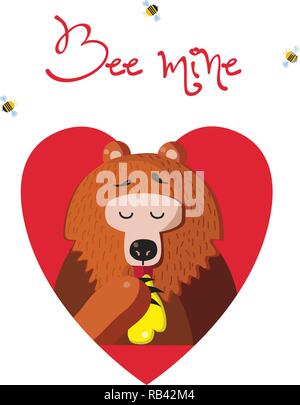 Bee Mine valentine Grußkarte von cute Cartoon bear Vector Illustration Charakter essen Honig innerhalb der roten Herzen und Bienen um auf Weiß isoliert Stock Vektor