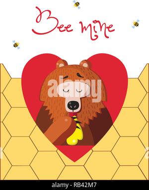 Bee Mine valentine Grußkarte von cute Cartoon bear Vector Illustration Charakter essen Honig innerhalb der roten Herzen und Bienen auf Wabe zurück Stock Vektor
