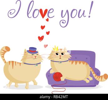 Ich liebe dich Grusskarte mit cute cartoon Katzen paar Jungen und Mädchen in der Liebe. Männliche Katze im Hut und weibliche Prinzessin Katze auf dem Sofa mit Kugel isolieren Stock Vektor