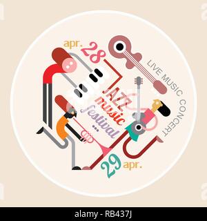 Musik Festival, runde Form Vector Illustration. Kunst Zusammensetzung der Musiker, Musikinstrumente und Text Architektur auf einem hellen Hintergrund isoliert Stock Vektor