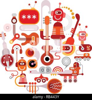 Futuristische Recording Studio Vector Illustration. Runde Form Kunst Collage eines Musikinstrumente, Roboter und elektronischen Geräten isoliert auf einem weißen Stock Vektor