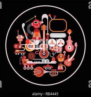 Modernes Tonstudio Vector Illustration. Runde Form Kunst Collage eines musikalischen Instrumente und elektronischen Geräten auf einem schwarzen Hintergrund. Stock Vektor