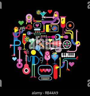 Musik Party vector Abbildung auf einem schwarzen Hintergrund. Runde Form Zusammensetzung mit lustigen Leuten, Musikinstrumente und Cocktail Gläser. Stock Vektor