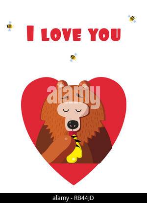 Ich liebe dich, Valentinstag Grußkarte von cute Cartoon bear Abbildung Charakter essen Honig innerhalb der roten Herzen und Bienen um auf weißem Bac isoliert Stockfoto