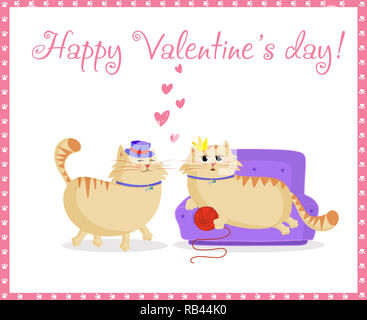 Happy Valentines Tag Grußkarte mit cute cartoon Katzen Junge und Mädchen in der Liebe. Männliche Katze im Hut und weibliche Prinzessin Katze auf dem Sofa mit Kugel fram Stockfoto