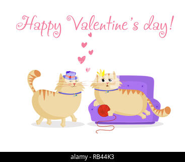 Happy Valentines Tag Grußkarte mit cute cartoon Katzen Junge und Mädchen in der Liebe. Männliche Katze im Hut und weibliche Prinzessin Katze auf dem Sofa mit Kugel isol Stockfoto