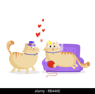 Cute cartoon paar Katzen in der Liebe. Männliche und weibliche Kätzchen in der Liebe. Freund Katze im Hut und Freundin Königin auf Sofa mit Ball. Valentines post Stockfoto