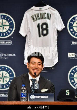 Neu unterzeichnet Seattle Mariners Krug Yusei Kikuchi besucht seinen einleitenden Pressekonferenz bei T-Mobile Park in Seattle, Washington, United States, 3. Januar 2019. Quelle: LBA/Alamy leben Nachrichten Stockfoto