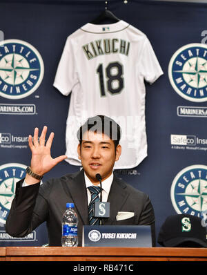 Neu unterzeichnet Seattle Mariners Krug Yusei Kikuchi besucht seinen einleitenden Pressekonferenz bei T-Mobile Park in Seattle, Washington, United States, 3. Januar 2019. Quelle: LBA/Alamy leben Nachrichten Stockfoto