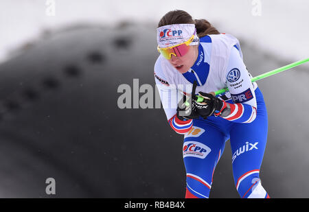 In Mähren, Tschechien. 06 Jan, 2019. Anna Sixtova (CZE) konkurriert in der Frauen 15 km Massenstart Rennen innerhalb der OPA Langlauf Europacup 2019 in Nové Město na Moravě, Tschechische Republik, am 6. Januar 2019. (CTK Photo/Lubos Pavlicek) Quelle: CTK/Alamy leben Nachrichten Stockfoto