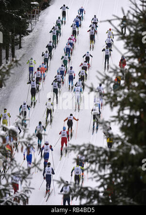 In Mähren, Tschechien. 06 Jan, 2019. Die Männer 20 km Massenstart Rennen innerhalb der OPA Langlauf Europacup 2019 in Nové Město na Moravě, Tschechische Republik, am 6. Januar 2019. (CTK Photo/Lubos Pavlicek) Quelle: CTK/Alamy leben Nachrichten Stockfoto