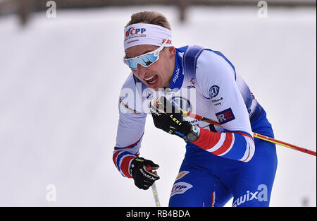 In Mähren, Tschechien. 06 Jan, 2019. Ales Rypl (CZE) konkurriert in der Männer 20 km Massenstart Rennen innerhalb der OPA Langlauf Europacup 2019 in Nové Město na Moravě, Tschechische Republik, am 6. Januar 2019. (CTK Photo/Lubos Pavlicek) Quelle: CTK/Alamy leben Nachrichten Stockfoto