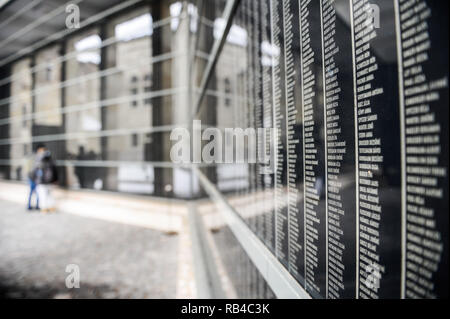 Budapest, Ungarn. 5 Jan, 2019. Die Wand des Holocaust Opfer Namen am Holocaust Memorial Center gesehen. Credit: Omar Marques/SOPA Images/ZUMA Draht/Alamy leben Nachrichten Stockfoto