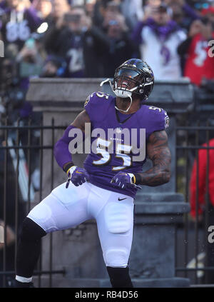 Baltimore, Maryland, USA. 06 Jan, 2019. Baltimore Ravens OLB Terrell Suggs (55) ist vor dem AFC Wildcard Endspiel Spiel gegen die Los Angeles Ladegeräte bei M&T Bank Stadium in Baltimore, MD, am 6. Januar 2019 eingeführt. Foto/Mike Buscher/Cal Sport Media Credit: Cal Sport Media/Alamy leben Nachrichten Stockfoto