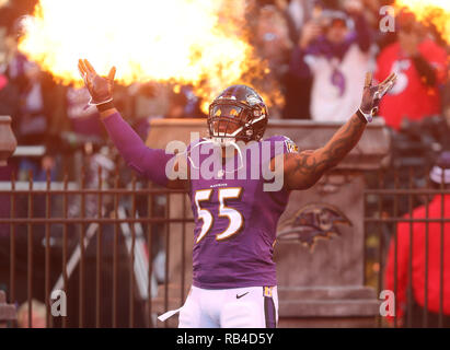 Baltimore, Maryland, USA. 06 Jan, 2019. Baltimore Ravens OLB Terrell Suggs (55) ist vor dem AFC Wildcard Endspiel Spiel gegen die Los Angeles Ladegeräte bei M&T Bank Stadium in Baltimore, MD, am 6. Januar 2019 eingeführt. Foto/Mike Buscher/Cal Sport Media Credit: Cal Sport Media/Alamy leben Nachrichten Stockfoto