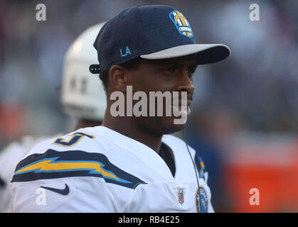 Baltimore, Maryland, USA. 06 Jan, 2019. Los Angeles Ladegeräte QB Geno Smith (3) dargestellt, während die AFC wildcard Endspiel Spiel gegen die Baltimore Ravens bei M&T Bank Stadium in Baltimore, MD, am 6. Januar 2019. Foto/Mike Buscher/Cal Sport Media Credit: Cal Sport Media/Alamy leben Nachrichten Stockfoto