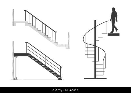 Satz von Stahl Treppe mit Silhouette des Mannes gehen unten Wendeltreppe, Vektor, Abbildung Stock Vektor