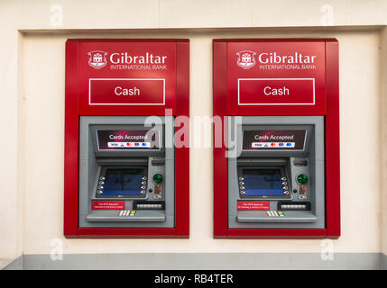 Gibraltar internationale Bank, Geldautomat Geldautomaten, Gibraltar, Britisches Überseegebiet, UK. Stockfoto