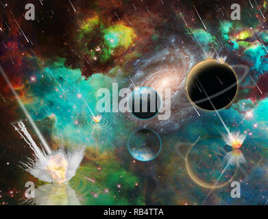 Planetengetriebe Armageddon. Massive Meteorit - Asteroid dusche Planeten zerstören. 3D-Rendering Stockfoto