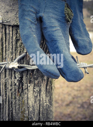 Blau Handschuh auf einem Barb wired Plank Stockfoto