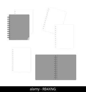 Geschlossene und offene Brief Größe disc gebundenes Notizbuch Ordner mit weißen Füllstoff Papierbögen, Mock-up. Discbound nachfüllbar Notiz Buch, mockup Stock Vektor