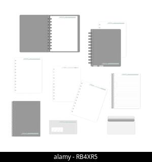 Schreibwaren Mockup für Corporate Identity Design. Spiral- und Disc gebunden, Notebooks, Füller Papier, Umschläge auf weißem Hintergrund, Mock-up Stock Vektor