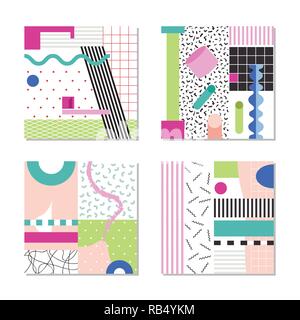 Vier rosa, grün und blau Memphis style geometrische Designs, mit dekorativen Mustern, Kreise, Rechtecke und Zick-Zack-Linien Stock Vektor