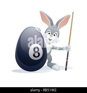 Ostern sport Grußkarte. Niedliche Kaninchen mit Billard Ei und Cue. Vector Illustration. Stock Vektor