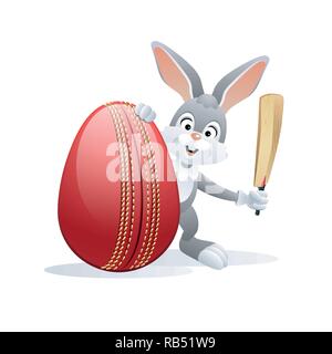 Ostern sport Grußkarte. Niedliche Hase mit Ei und Cricket Cricket bat. Vector Illustration. Stock Vektor