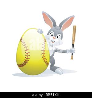 Ostern sport Grußkarte. Niedliche Kaninchen mit Softball Ei und bat. Vector Illustration. Stock Vektor