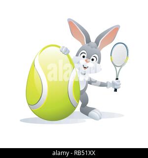 Ostern sport Grußkarte. Niedliche Kaninchen mit Tennis Ei und Tennisschläger. Vector Illustration. Stock Vektor