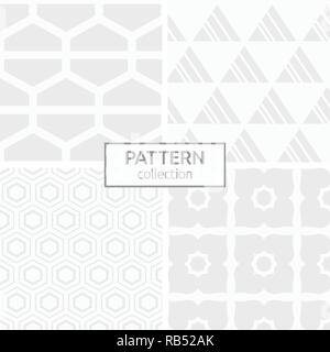Satz von vier abstrakte geometrische nahtlose Muster. Modernes, stilvolles Hintergründe. Weiße und graue geometrischen Texturen. Wiederkehrende geometrische Fliesen aus Sechsecken Stock Vektor