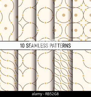Satz von zehn Nahtlose minimalistische Muster von geschwungenen Linien mit Punkten in Knoten. Moderne, elegante Textur. Contemporary Graphic Design. Gelbe, braune Farbe Stock Vektor